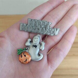 Vintage Spoontiques Signed Halloween Pin Pewter Ghost On Swing Pumpkin